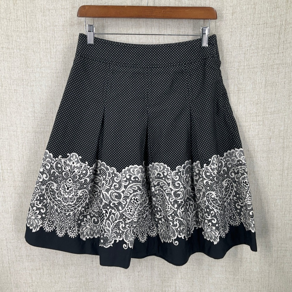 Talbots Skirt Womens 4P Black Cotton Polka Dot Paisley Lace Print A-Line Classic